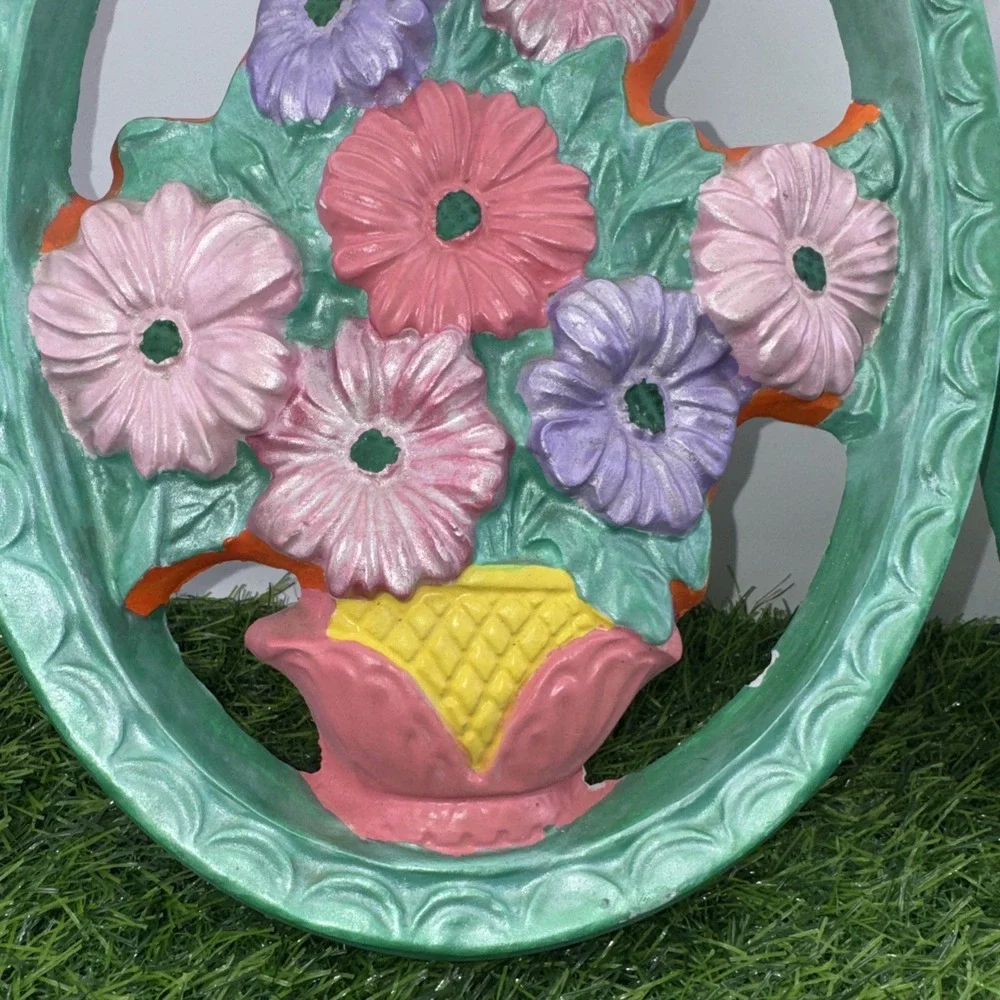 Vintage Floral Wall Plaques Set of 2 Chalkware Syroco Style Pastel Flowers Chips